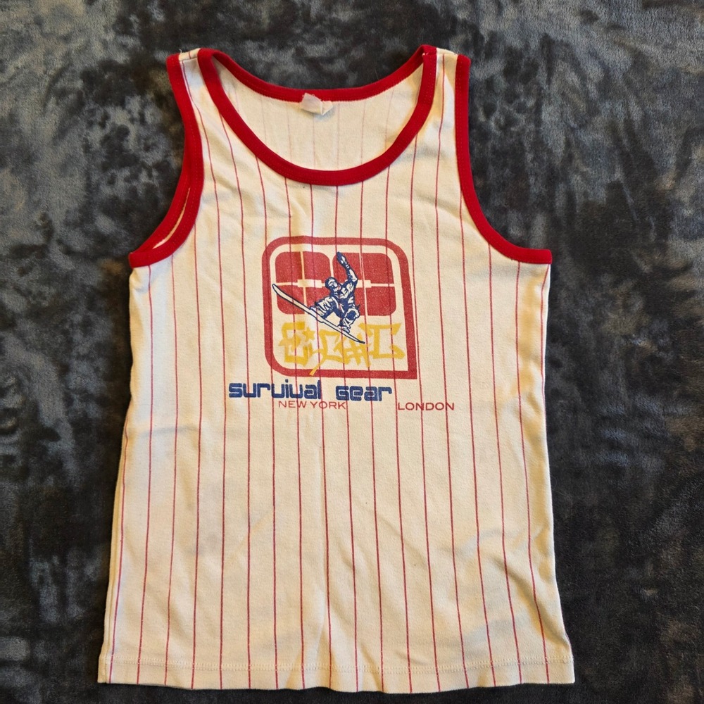 Vintage Survival Gear London New York Pinstripe Ringer Tank Top Red